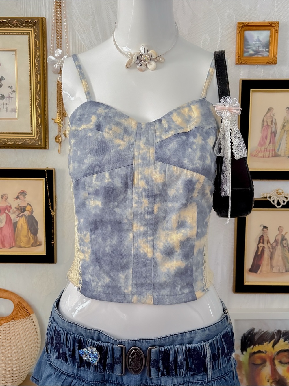 Y2K grunge rave girly tie-dye cotton blue & ivory bustier corset top